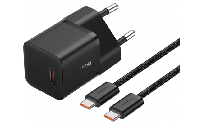 Baseus GaN5 Fast Charger (mini) 1C 20W EU Cluster Black (With: Baseus Dynamic 3 Series Fast Charging Data Cable Type-C to Type-C 100W 1m Cluster Black)